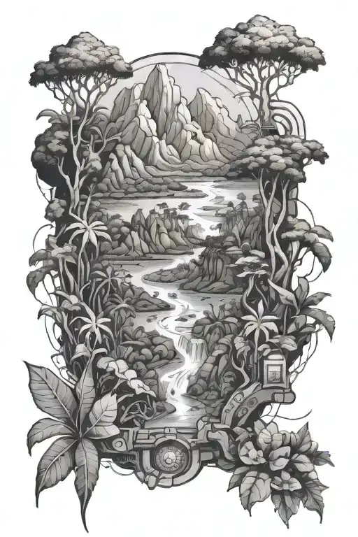 Rainforest With Mountain And River Leading Into A Futuristic Computer Chip