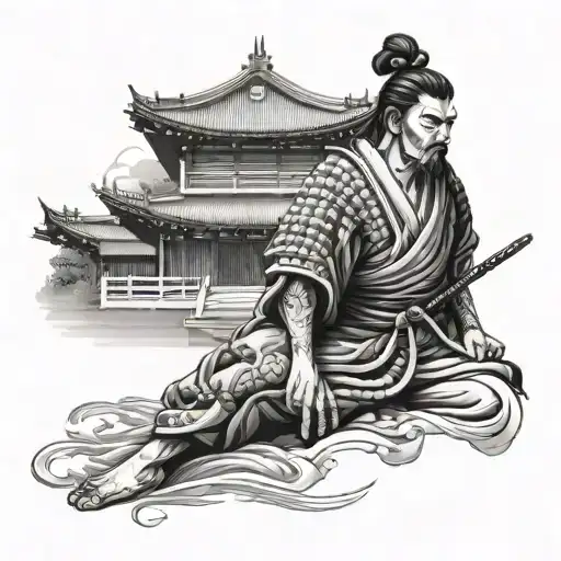 A Samurai Warrior Meditating In Front Of A Traditional Japanese Temple