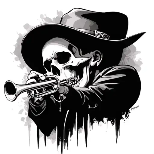 Skull Wearing Fedora Playng Trumpet Player With