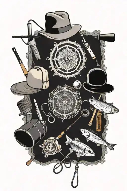 A Collection Of Camping And Fishing Gear Arranged In A Mandala Design With Intricate Details