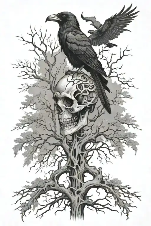 Skeleton Spine With Ravens And Tree