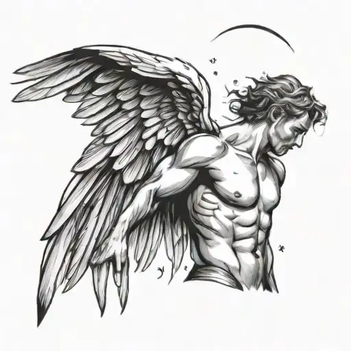 Adult Man With Great Physique And Angel Wings Floating While Looking Up At The Sky
