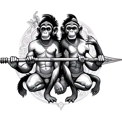 Hindu Spears Held By 2 Monkeys