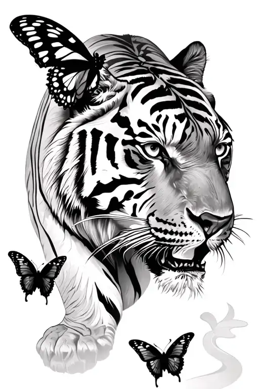 Tiger With Butterfly Flying