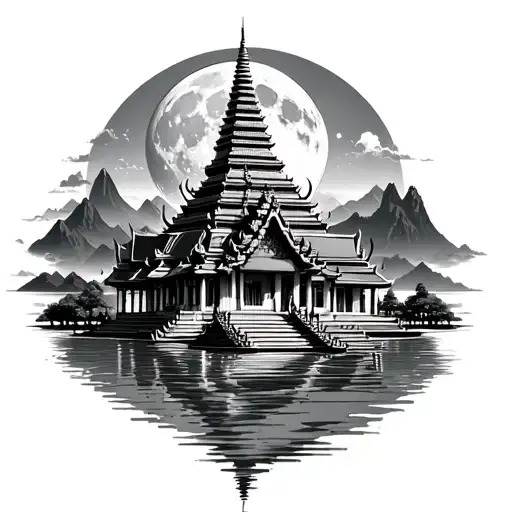 Thai Temple In Front With Water At Bottom Moon At Top And Mountains In Background