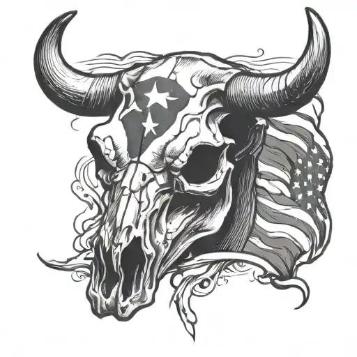 Cracked And Shaded Long Horn Cow Skull With The American And Colombian Flag On It