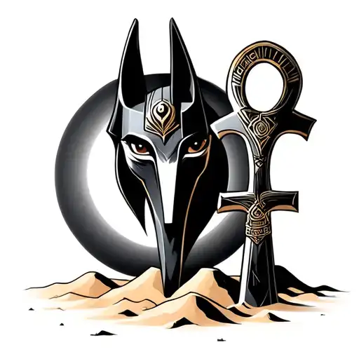 Anubis With Eclipse Background Shaded With Ankh Buried In The Sand