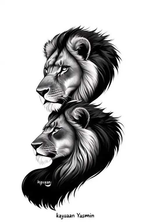 Lion And Lioness Headd Looking Away Under Each Other With Kayvaan And Yasmin Written Under