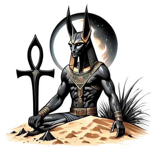 Anubis Full Body With Eclipse Background Shaded With Ankh Buried In The Sand