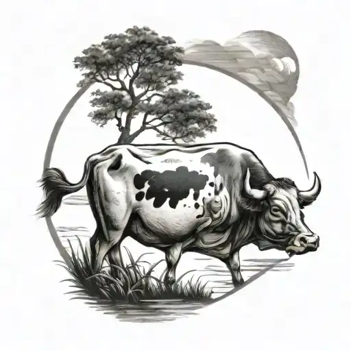 A Black-grey Tattoo Of A Serene Fishing Scene With A Cow Grazing Nearby