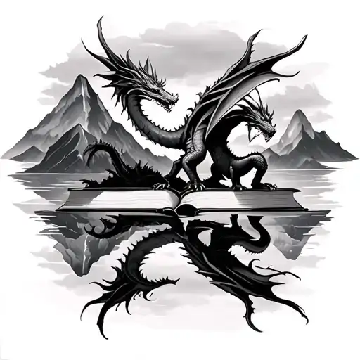 Book With Dragons And Mountains Fine Line Drawing