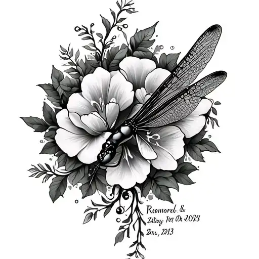 Flower And Vines Wrapped Around Reaching For A Dragonfly With Memorial Dates