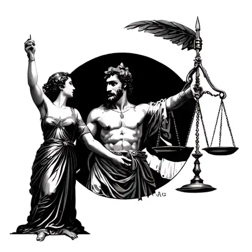 Roman Gentleman With A Woman Holding A Balance And Who Has Avenged Eyes