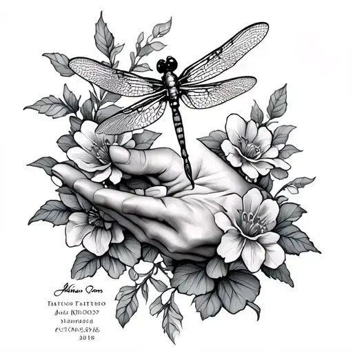 Flower And Vines Wrapped Around My Hand Reaching For A Dragonfly With Memorial Dates
