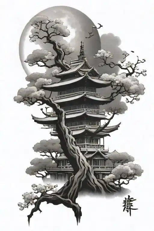 Japanese Temple Cherry Blossom Tree Moon