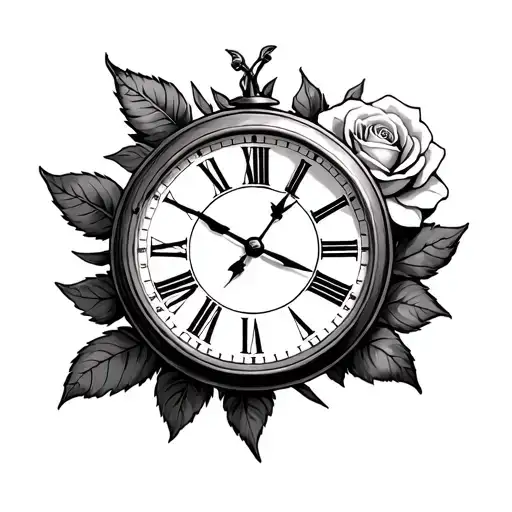 Clock With Roman Numbers And A Rose In The Needles