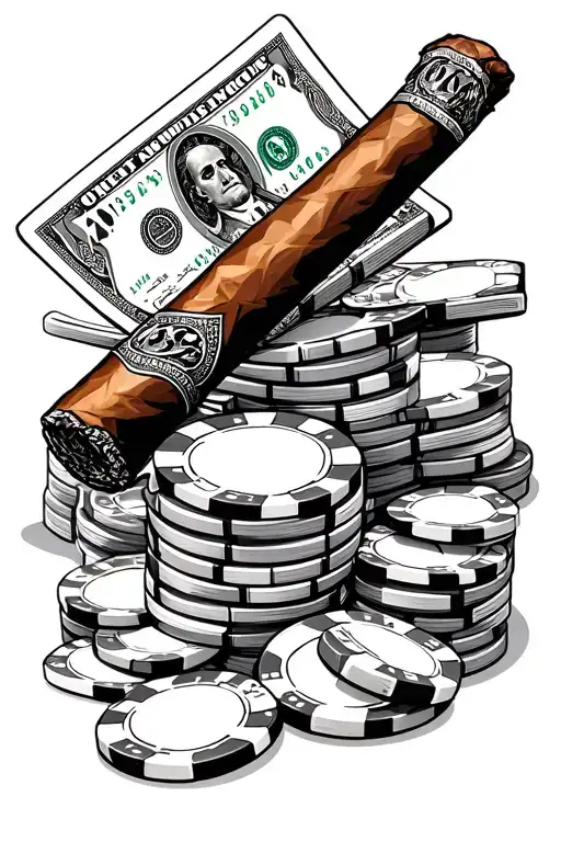 Casino Chips Scattered With Leaning Cigar And Stacks Of Cash