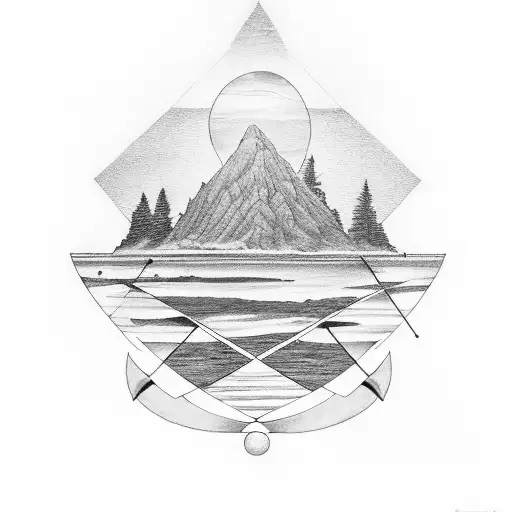 A Serene Landscape Tattoo Featuring Keuka Lake With A Subtle Compass Rose Hidden Within