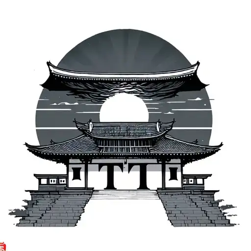 Japanese Temple With The Letters Tti In The Middle And The Sun In The Background