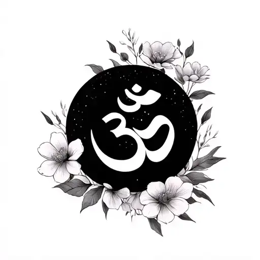 Full Moon With Om Symbol And Flowers Blooming