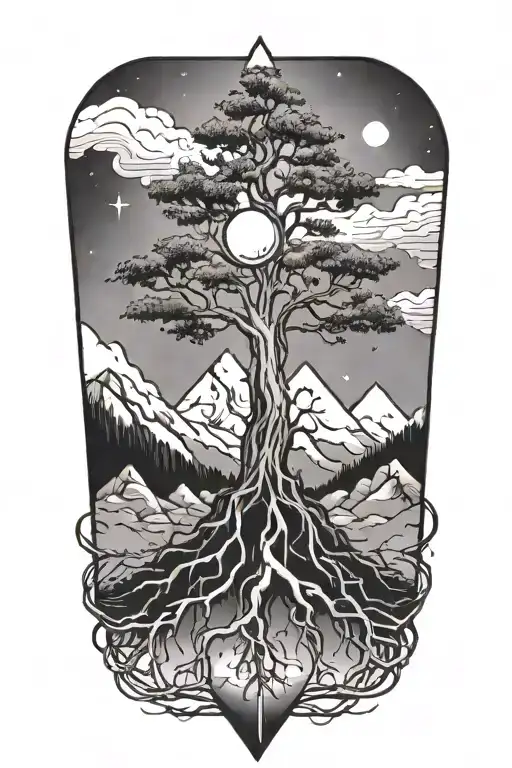 Tree With Roots With Mountain Background Inside Of Triangle And Outerspace Inside Of Triangle