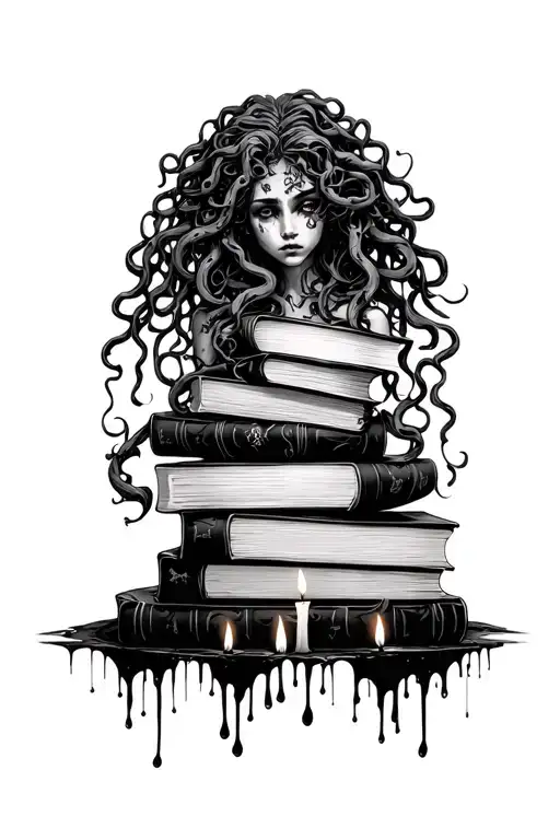 Medusa Wrapping Around To Stack Of Dark Romance Books With Wax Dripping Candles