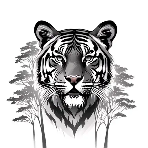 Tiger With Trees Growing