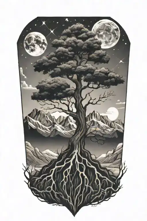 Tree With Roots Mountains And Outerspace Inside Diamond Shapes