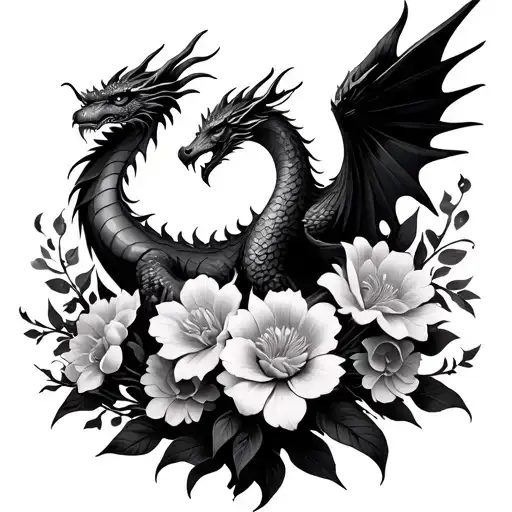 Flowers And Dragon With Phoenix Rising From The Ashes