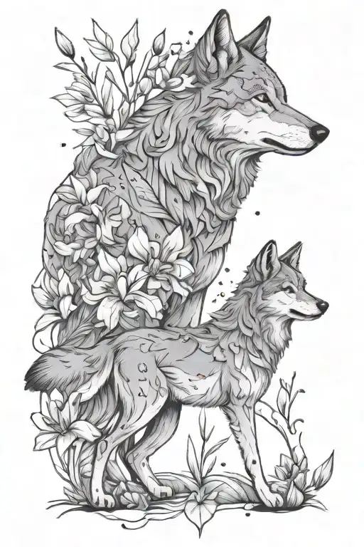 Wolf And Her Pup Surrounded By Trees And Iris Flowers And Pieces Constellation