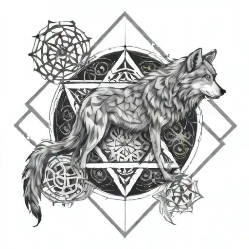 Metatrons Cube With Wolf Surrounded