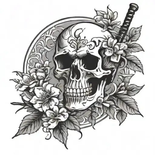 A Tattoo With A Katana Threw A Skull That Has A Blossom Tree Growing Threw It
