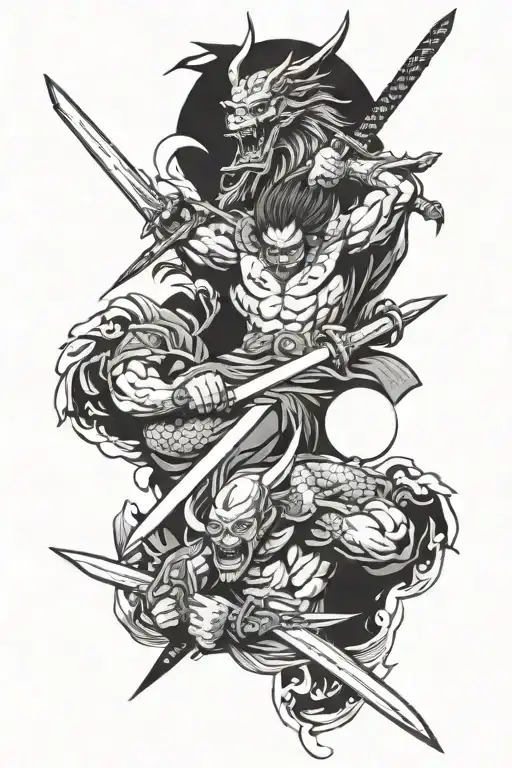 Japanese Style Sumaria Swords Clashing With A Demon With A Moon In The Background
