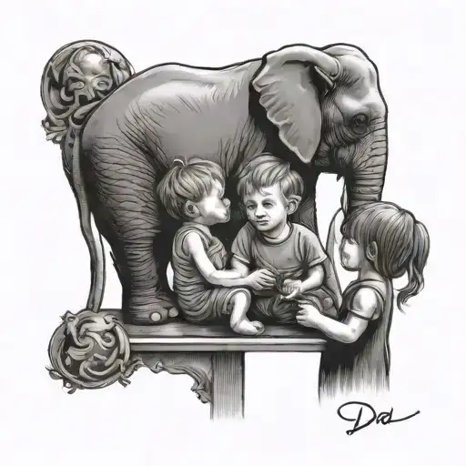 Dad Reflecting In A Mirror Two Elephant Children A Boy And A Girl