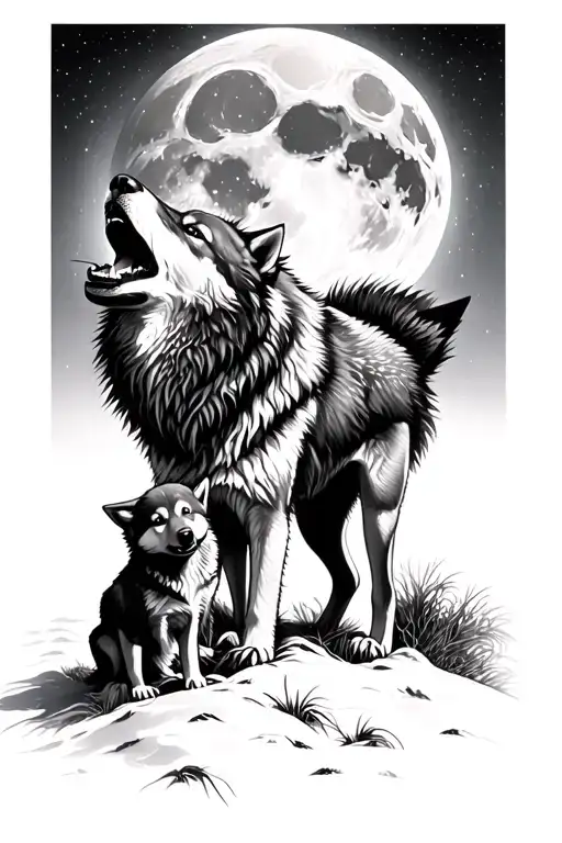 A Wolf Howling At The Moon With A Wolf Snarling And Standing Over A Wolf Pup