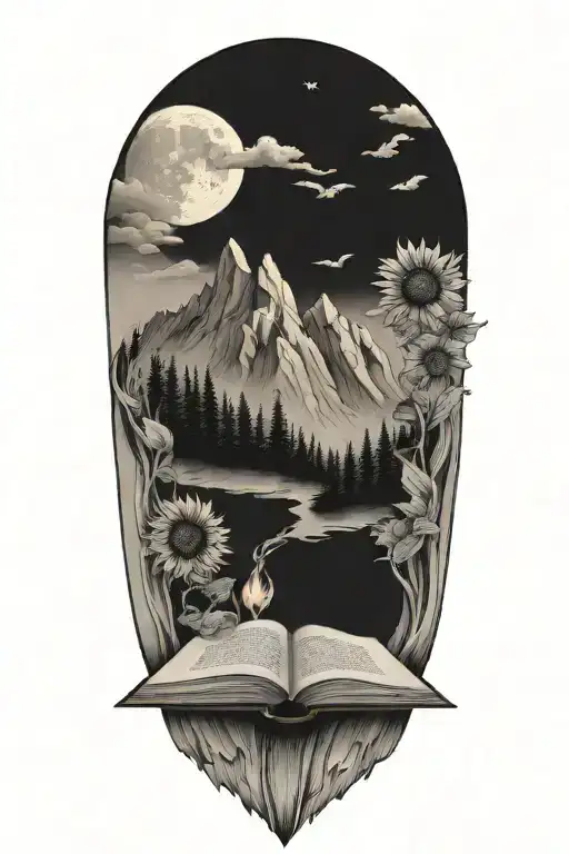 Mountains In A Human Hearts With A Book Stack Waterfall Amd Sunflowers