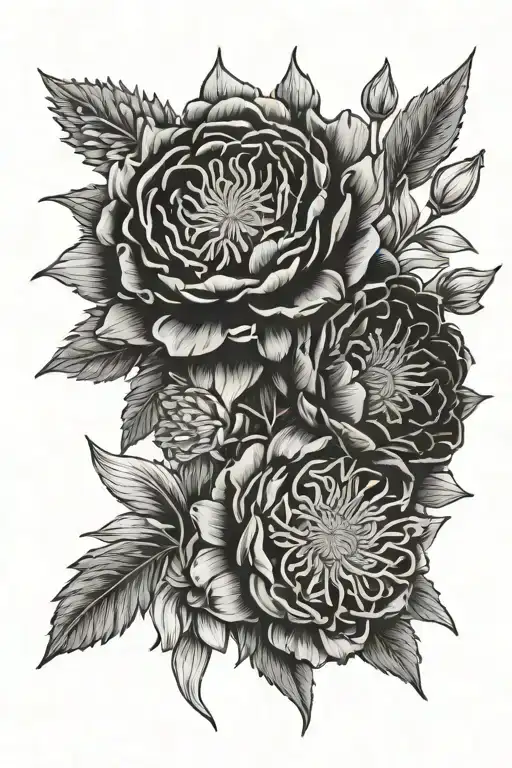 2 Asters 1 Black Rose 1 Marigold 1 Snowdrop Detailed