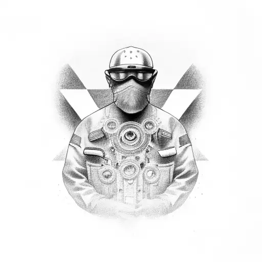 Design A Black-grey Portrait Of A Master Craftsman Working On A Motorcycle