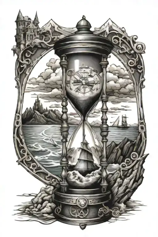 Steampunk Hourglass With Ocean And Mountains Inside Glass