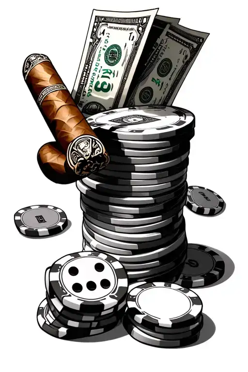 Casino Chips Scattered With Leaning Cigar And Stacks Of Cash With A Pair Of Dice
