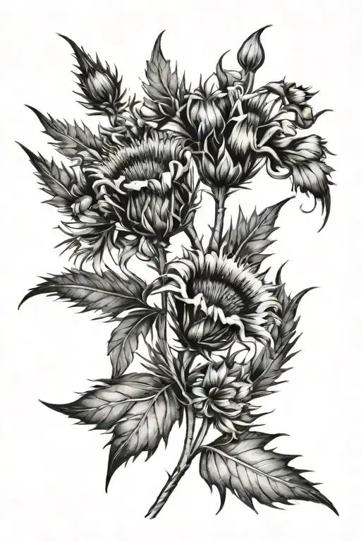 A Sprig Of Folliage With Scottish Thistle And Cornflowers