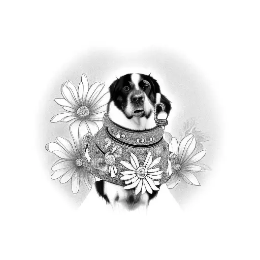 A Black-grey Design Of A Gs Dog Wearing A Collar Made Of White Platycodon Grandiflorus Flowers