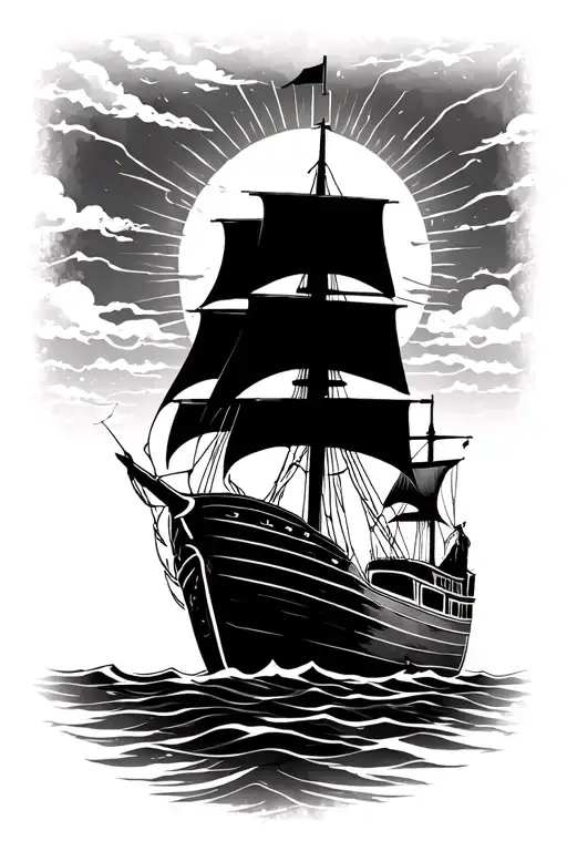 Sun In The Sky And Ship Sailing On Water