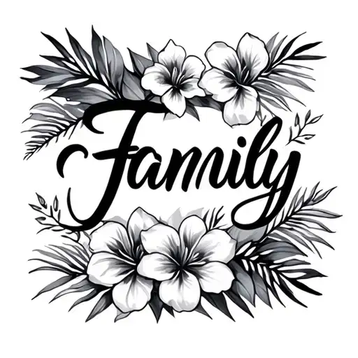 Family Written In Script Font Surrounded By Tropical Flowers