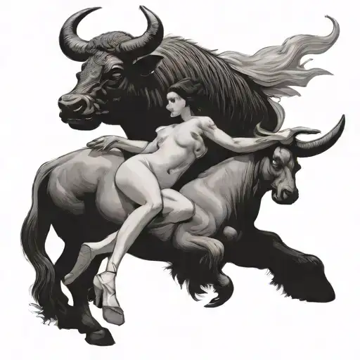 Nude Woman Laying On A Black Bull Standing