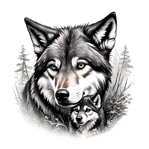 Grey Wolf And Cub Surrounded By Wilderness Scene