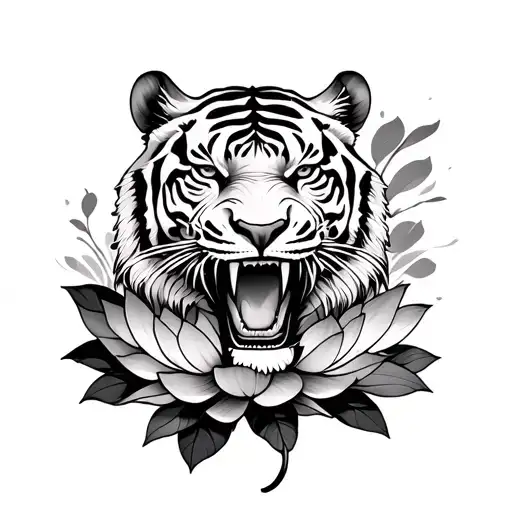 Tigre Roaring With Lotus Flowers