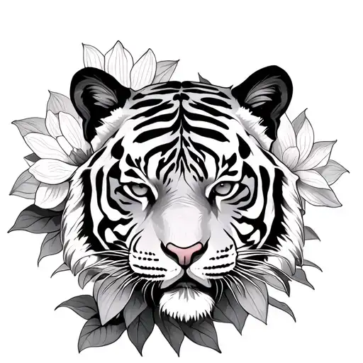 Tiger With Lotus Flowers