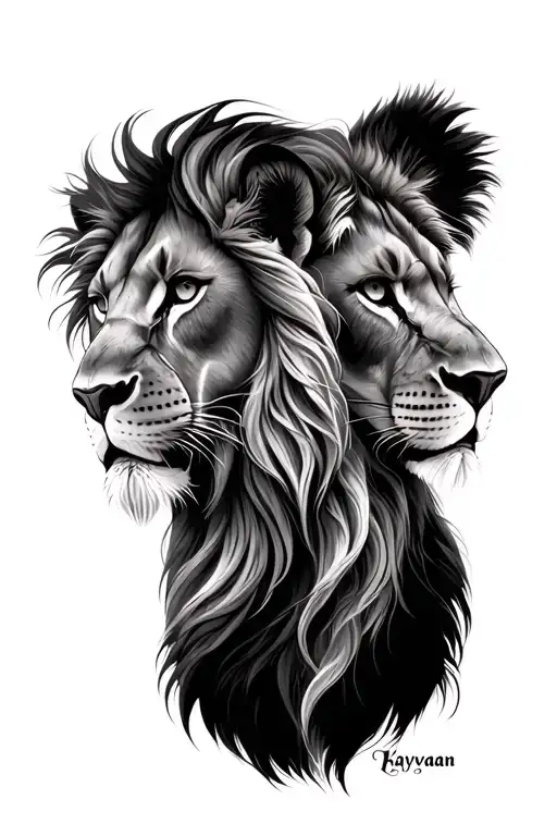 Lion And Lioness Head Looking Away Under Each Other With Kayvaan And Yasmin Written Under