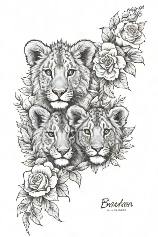Two Lion Cubs Faces Surrounded By Flowers With The Names Braxton And Madison
